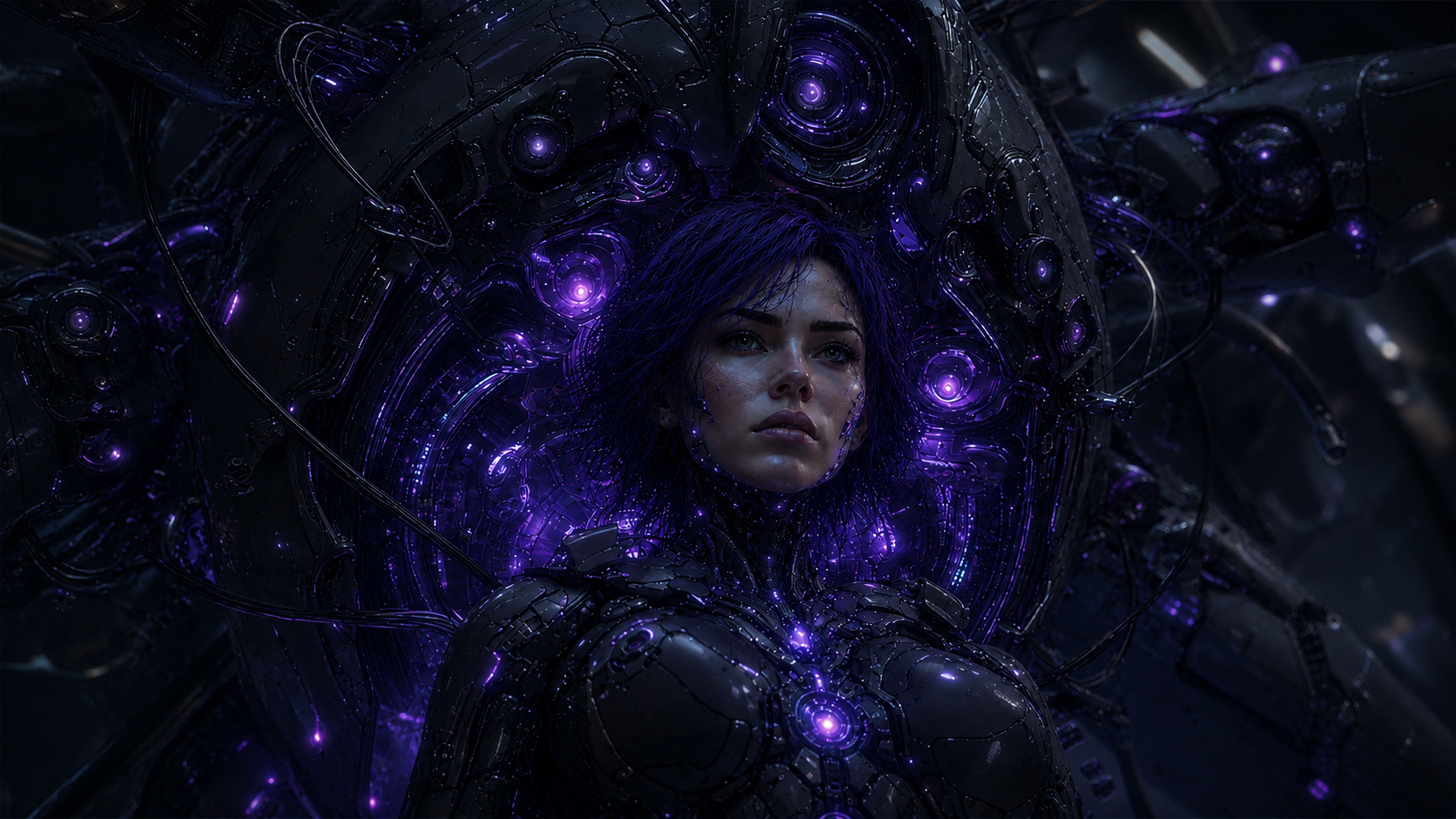 Alix, encircled by a glowing violet mechanical interface