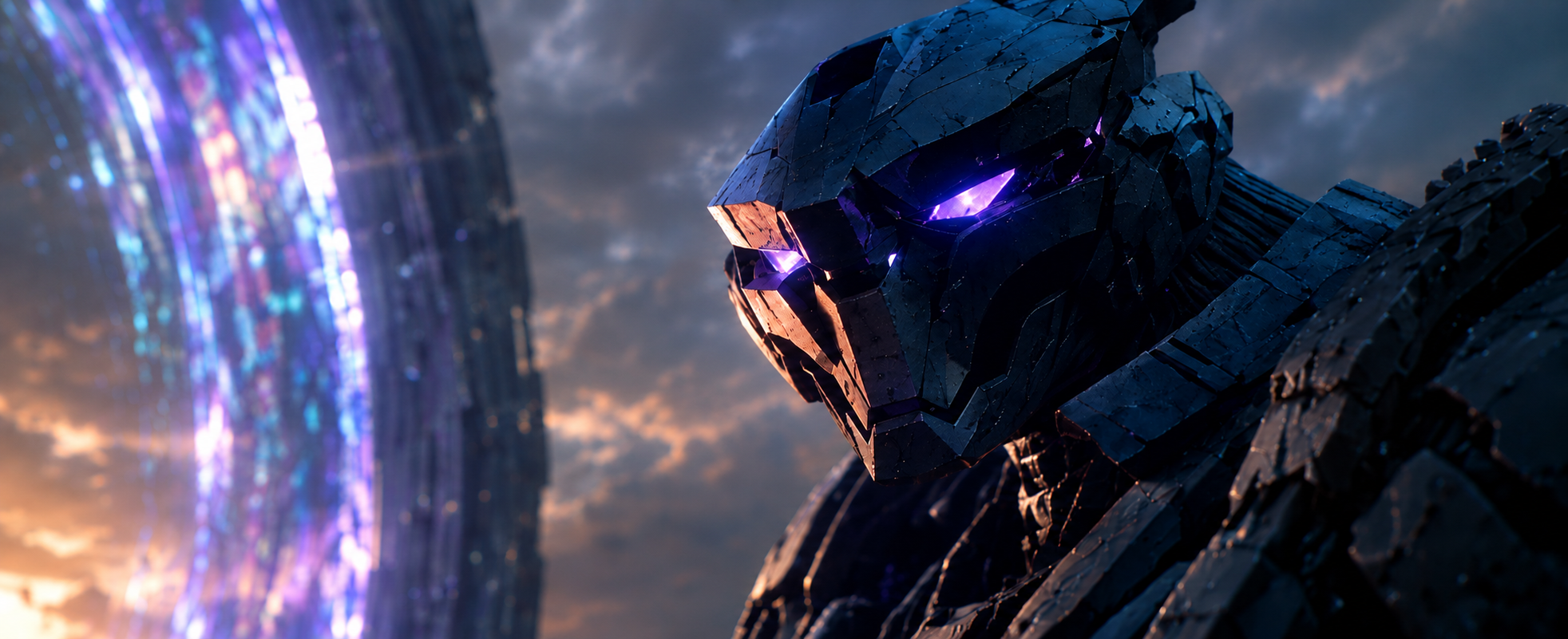 JIKAN, a colossal armored mecha, beside a shimmering temporal portal